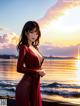 A woman in a red dress standing on a pier by the water.