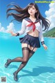 A woman in a school uniform is floating in the water.